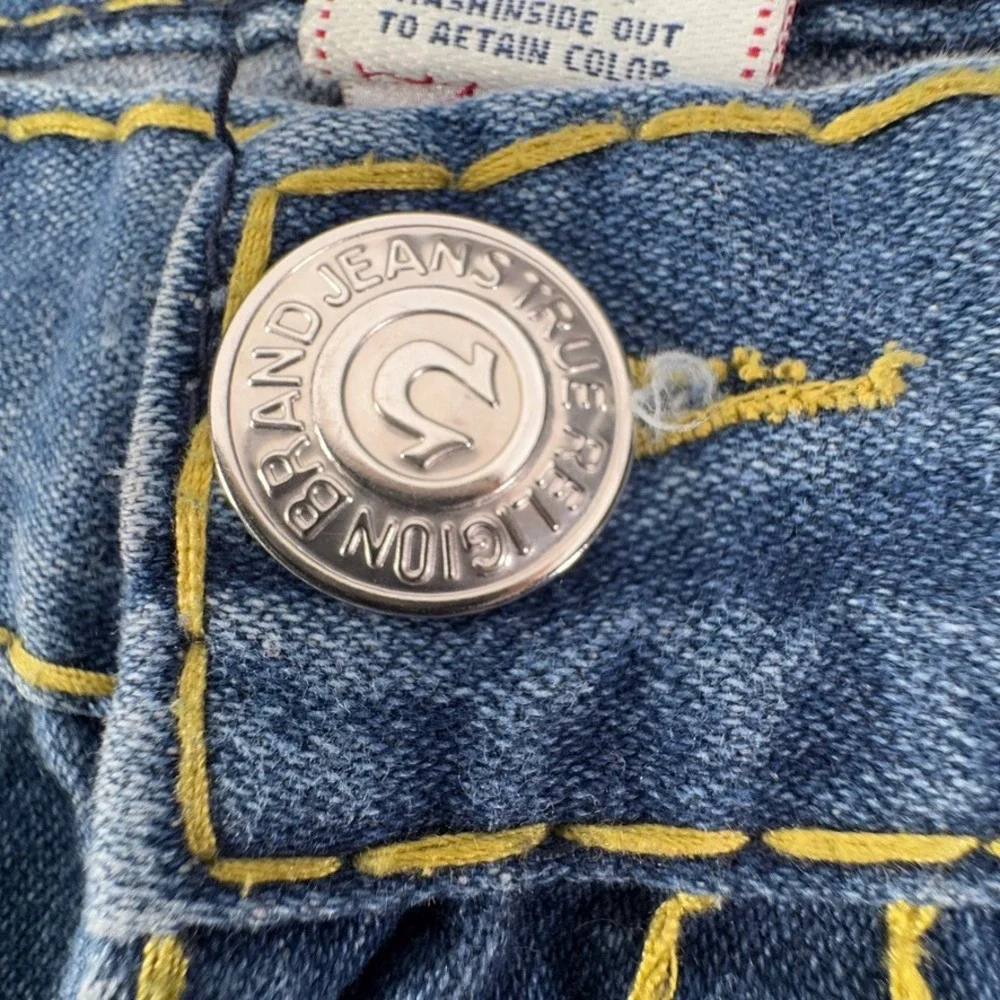 True Religion Ricky Super T Mens Jeans 40 Blue Medium Wash Yellow Stitching EUC